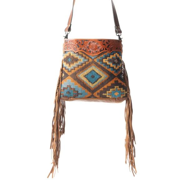 NWT Boutique Boho Garnet waves Hand-Tooled Leather Fringe Bag by Myra - Picture 1 of 6